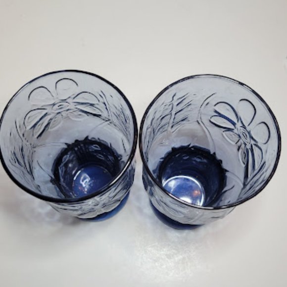 SET OF 2 VINTAGE 1970's LIBBEY BLUE GLASS TUMBLERS COUNTRY GARDEN DAISEY 6" - Picture 3 of 6